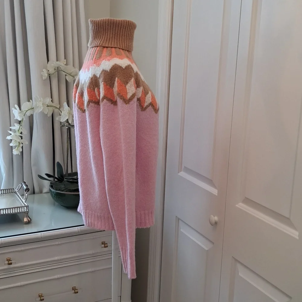 J.Crew Womens Fair Isle Turtleneck Soft Alpaca Wool Blend Sweater Pink/Tan SM‎